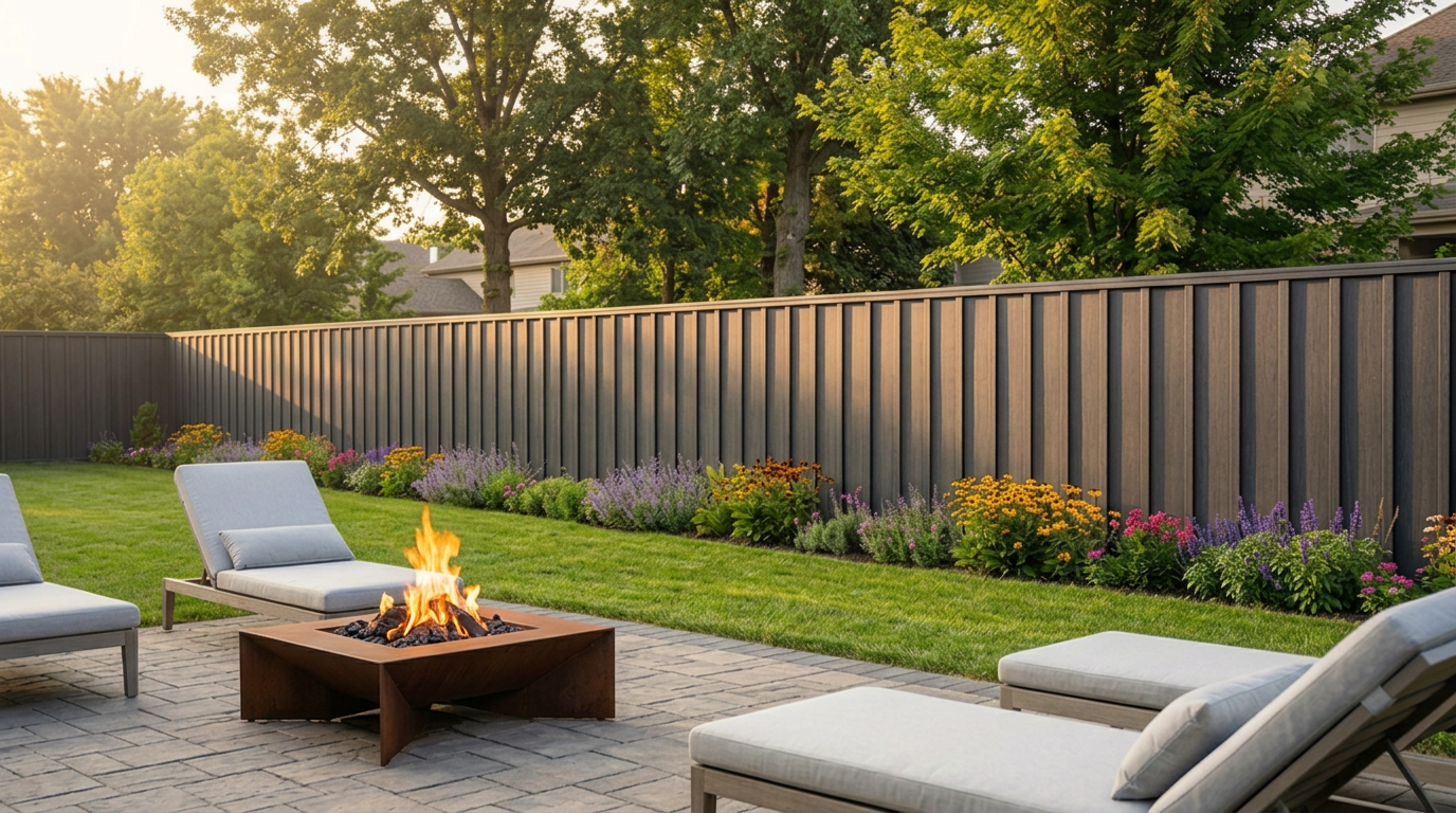 Steel privacy fence at golden hour with a fire pit
